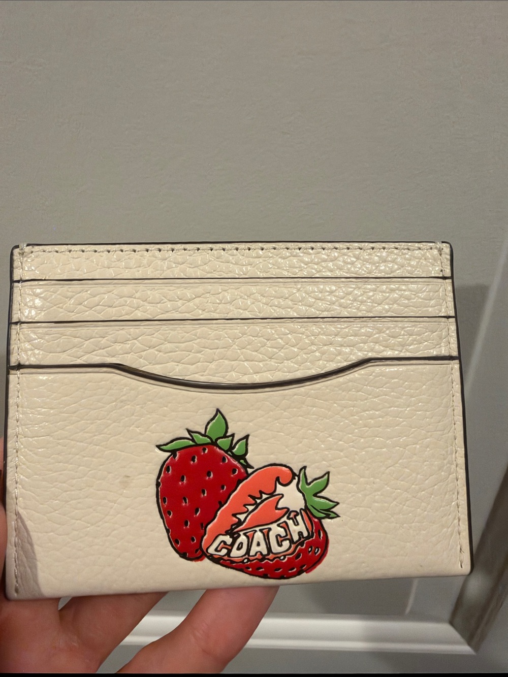 Coach Cream Leather Card Case with Strawberry Graphic